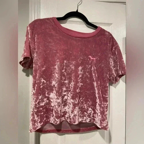 Victoria’s Secret PINK Crushed Velvet Crop Top Cree Neck Dog Logo Size Medium - Picture 2 of 10